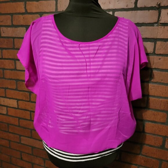 AB Studio bright pink shirt over a balck and white striped shirt - Picture 2 of 3